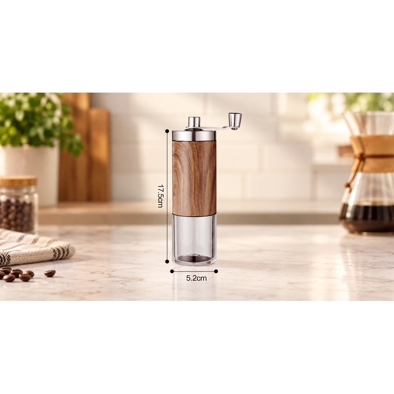 Grain Mill Grinder Hand Crank - 木目調の手動式コーヒーミル。家庭や屋外でのコーヒー抽出に最適な、持ち運び可能なステンレス製手回し式豆挽き器。