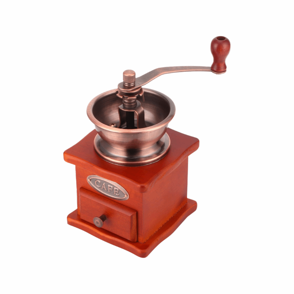 Grain Mill Grinder Hand Crank - ヴィンテージスタイルの手動式コーヒーミル。引き出し式で、木製のボディ、手回し式。精巧なデザインで、手で回して挽くタイプのローラー式粉砕機。