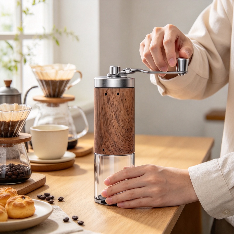 携帯用ハンドクランク式コーヒー豆グラインダー。木目調のデザイ - Grain Mill Grinder Hand Crank のレビューと価格