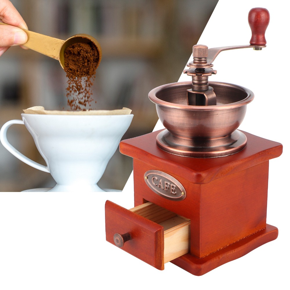 ヴィンテージスタイルの手動式コーヒーミル。引き出し式で、木製 - Grain Mill Grinder Hand Crank のレビューと価格